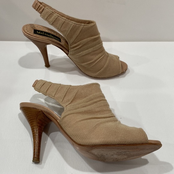 Catherine Malandrino Nude leather w/net peep toe sling backs 4” heel Italy SZ 38 - Picture 12 of 16